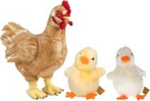 Set van Pluche kip met gele en witte kuiken knuffel 12cm en 35 cm speelgoed- Kippen/hennen boerderijdieren knuffels/knuffeldieren/knuffels voor kinderen