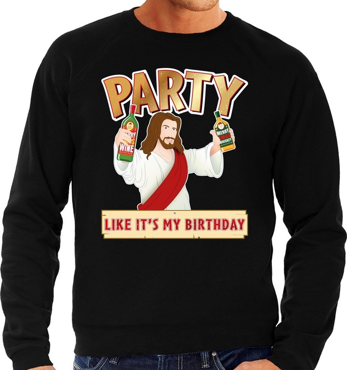 Grote maten foute Kersttrui / sweater Party Jezus zwart voor heren