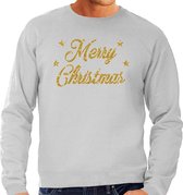 Foute Kersttrui / sweater - Merry Christmas - goud / glitter - grijs - heren - kerstkleding / kerst outfit M