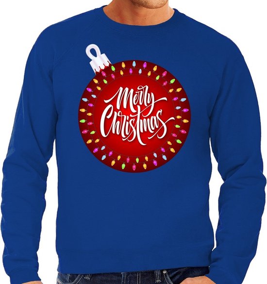 Foute Kersttrui / sweater - grote kerstbal - Merry Christmas - blauw voor heren - kerstkleding / kerst outfit M