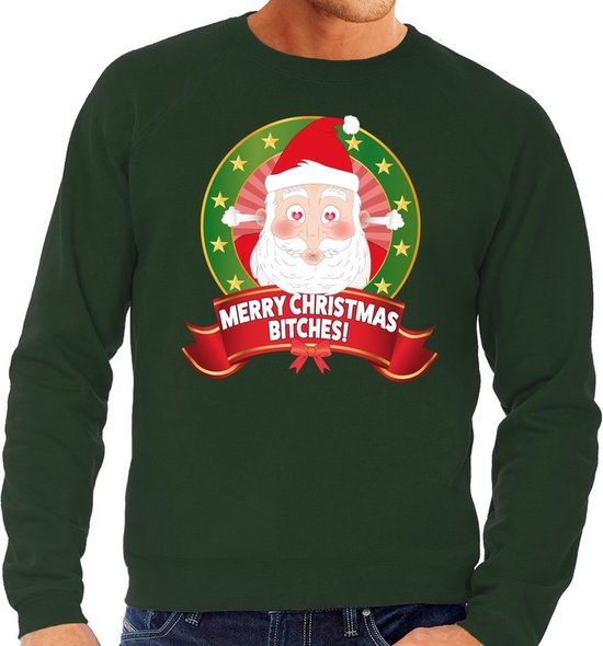 Foto: Foute kersttrui sweater groen kerstman met hartjes ogen merry christmas bitches heren l