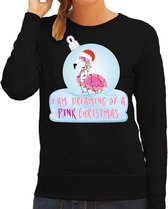 Flamingo Kerstbal sweater / kersttrui I am dreaming of a pink Christmas zwart voor dames - Kerstkleding / Christmas outfit XS