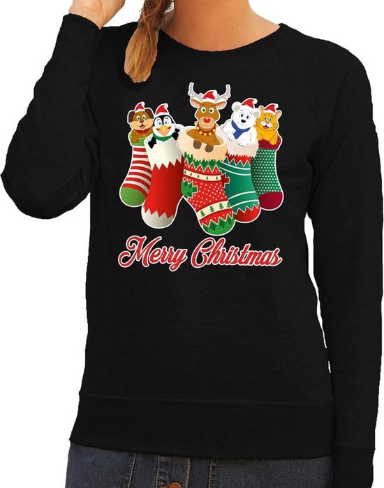 Foto: Foute kersttrui sweater kerstsokken met diertjes merry christmas zwart voor dames l