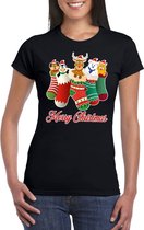 Foute Kerst t-shirt kerstsokken met diertjes - Merry Christmas - zwart voor dames L