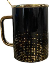 Moderne Koffie Thee Melk Mok Met Gouden Deksel En Lepel-Beker Van Keramiek-Drinkbeker-Theekopje-Koffie kopje-Zwart Met Goud