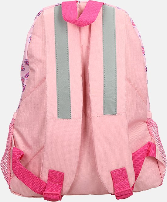 Sac à dos rose avec bretelles roses et bandes réfléchissantes.