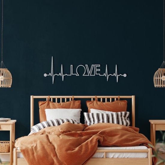 Wanddecoratie | Ekg Liefde  / Ekg Love| Metal - Wall Art | Muurdecoratie | Woonkamer |Zilver| 100x33cm