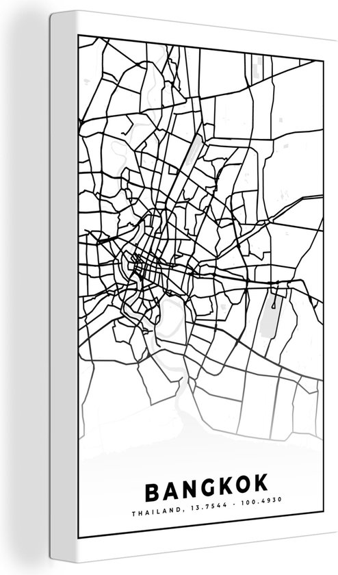 Canvas Schilderij Bangkok - Zwart Wit - Plattegrond - Stadskaart - Kaart - 40x60 cm - Wanddecoratie