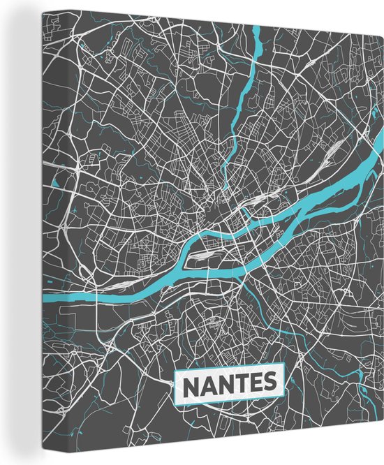 Canvas Schilderij Kaart - Plattegrond - Stadskaart - Nantes - Frankrijk - 50x50 cm - Wanddecoratie