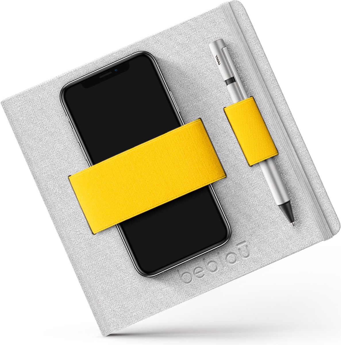 Beblau - Flex notitieboek *lined* met elastische band/organizer met ruimte voor bijv. pen en telefoon -  perfect voor op reis, werken op locatie, vergaderingen, school - grijs/geel - gelinieerd