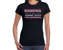 Naam cadeau Ramona - The woman, The myth the supergirl t-shirt zwart - Shirt verjaardag/ moederdag/ pensioen/ geslaagd/ bedankt M