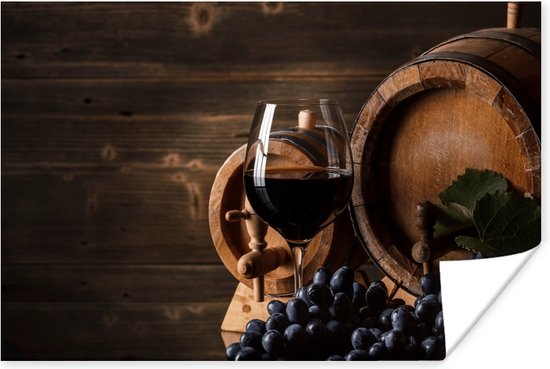 Poster Vin - Verre à vin - Tonneaux de vin - Raisins - Glas - 90x60 cm