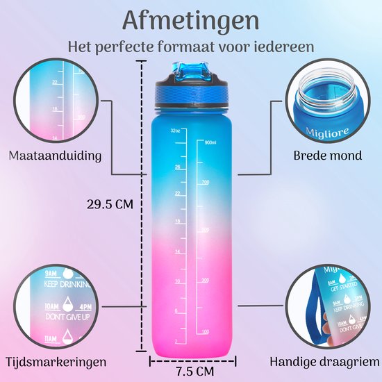 Migliore Bidon 1 Liter - met Rietje - BPA Vrij - Sport - Ook in 600 ml en 2 Liter - Migliore