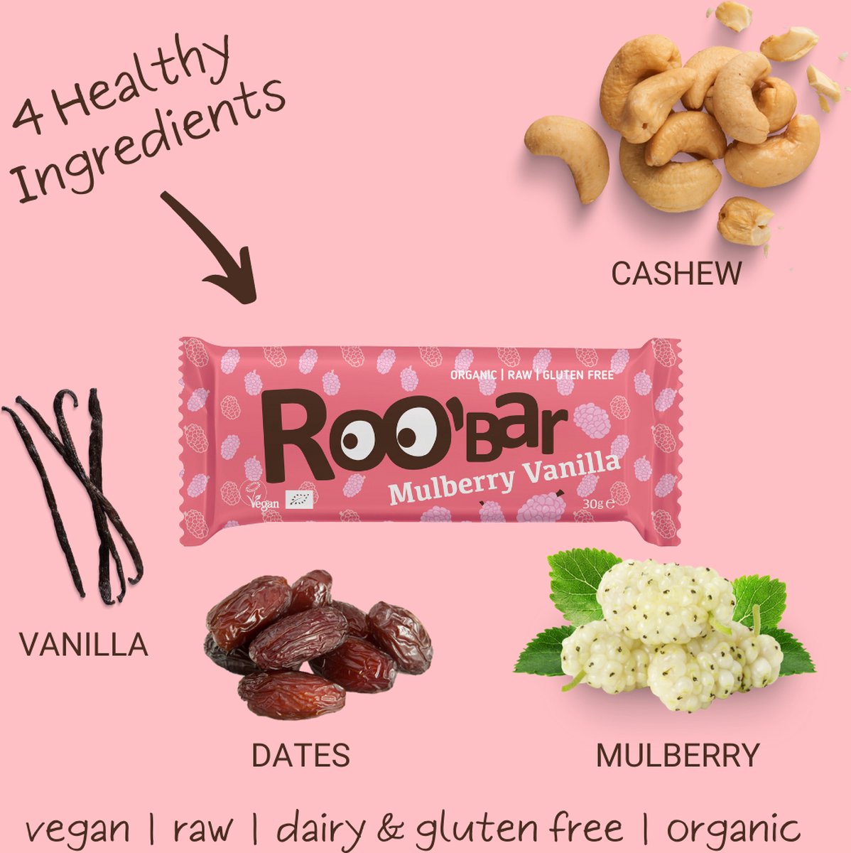 Roo'Bar | Superfoods | Mulberry & Vanilla | Box 20 stuks
