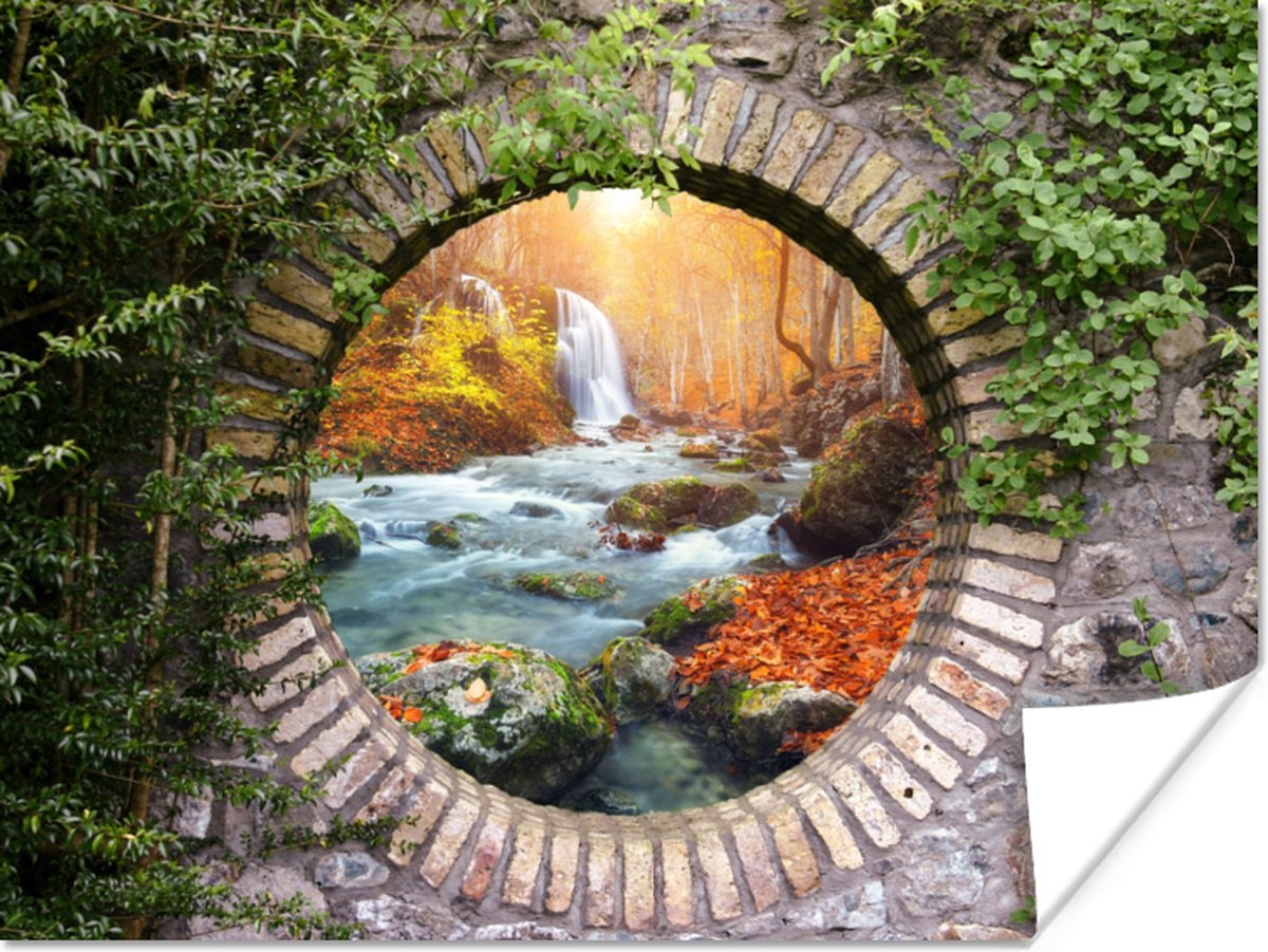 Poster Herfst - Waterval - Natuur - Doorkijk - 80x60 cm