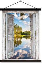Posterhanger incl. Poster 60x80 cm - Schoolplaat - Water - Landschap - Raam - Doorkijk - Textielposter - Zwarte latten