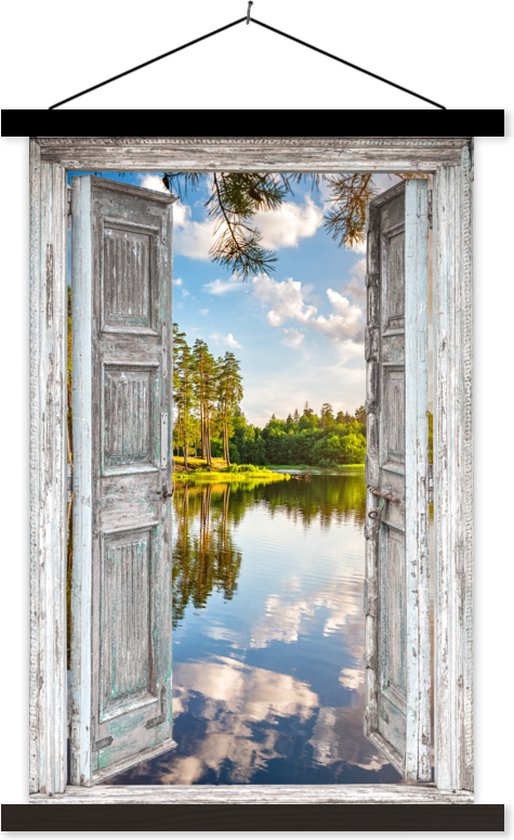 Posterhanger incl. Poster 60x90 cm - Schoolplaat - Water - Landschap - Raam - Doorkijk - Textielposter - Zwarte latten