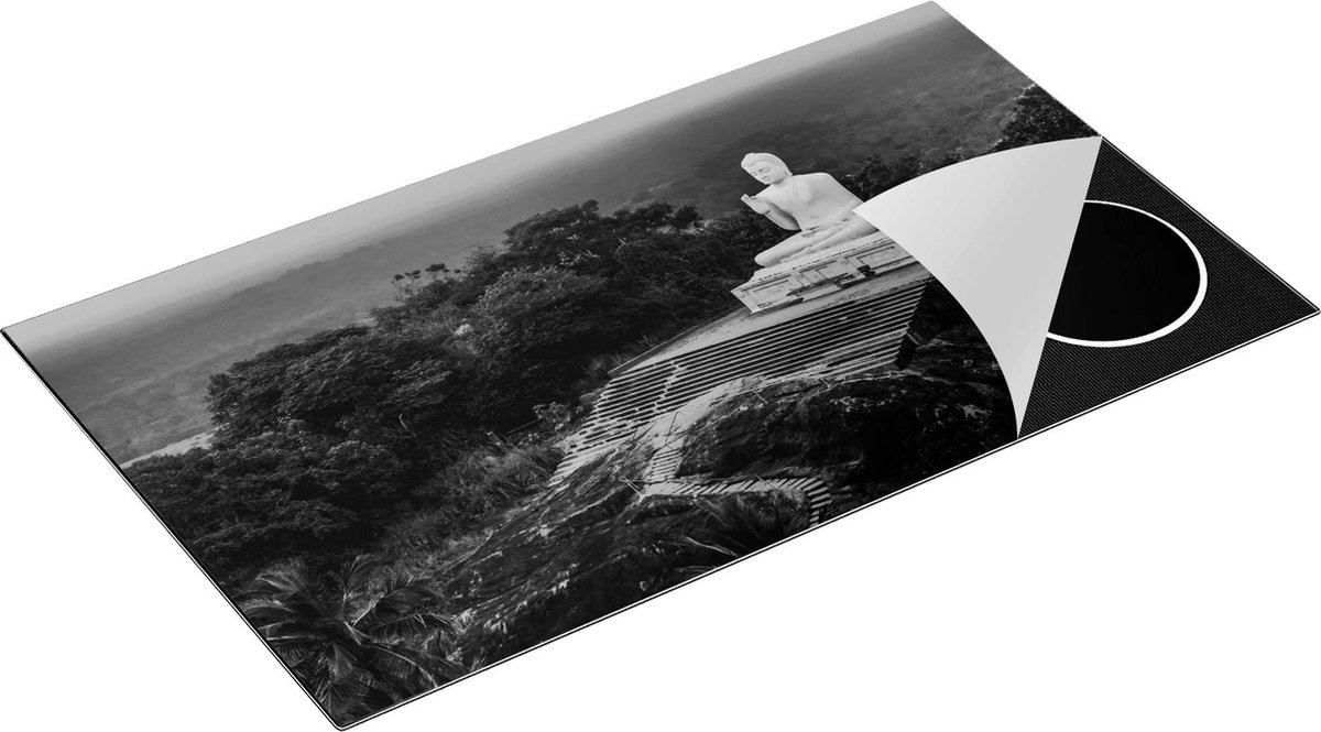 Chefcare Inductie Beschermer Boeddha Beeld bij een Tempel in het Bos - Zwart Wit - 90x50 cm - Afdekplaat Inductie - Kookplaat Beschermer - Inductie Mat