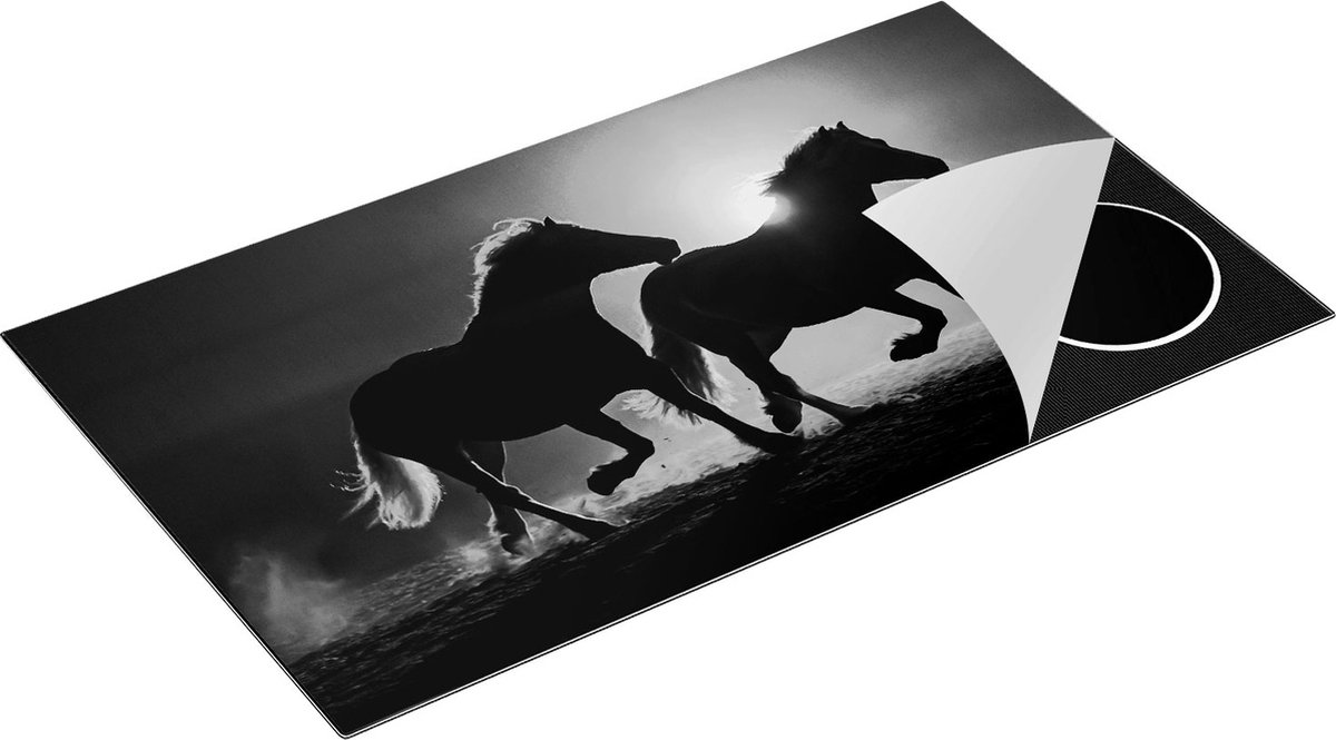 Chefcare Inductie Beschermer Silhouet van Twee Paarden - Zwart Wit - 90x55 cm - Afdekplaat Inductie - Kookplaat Beschermer - Inductie Mat