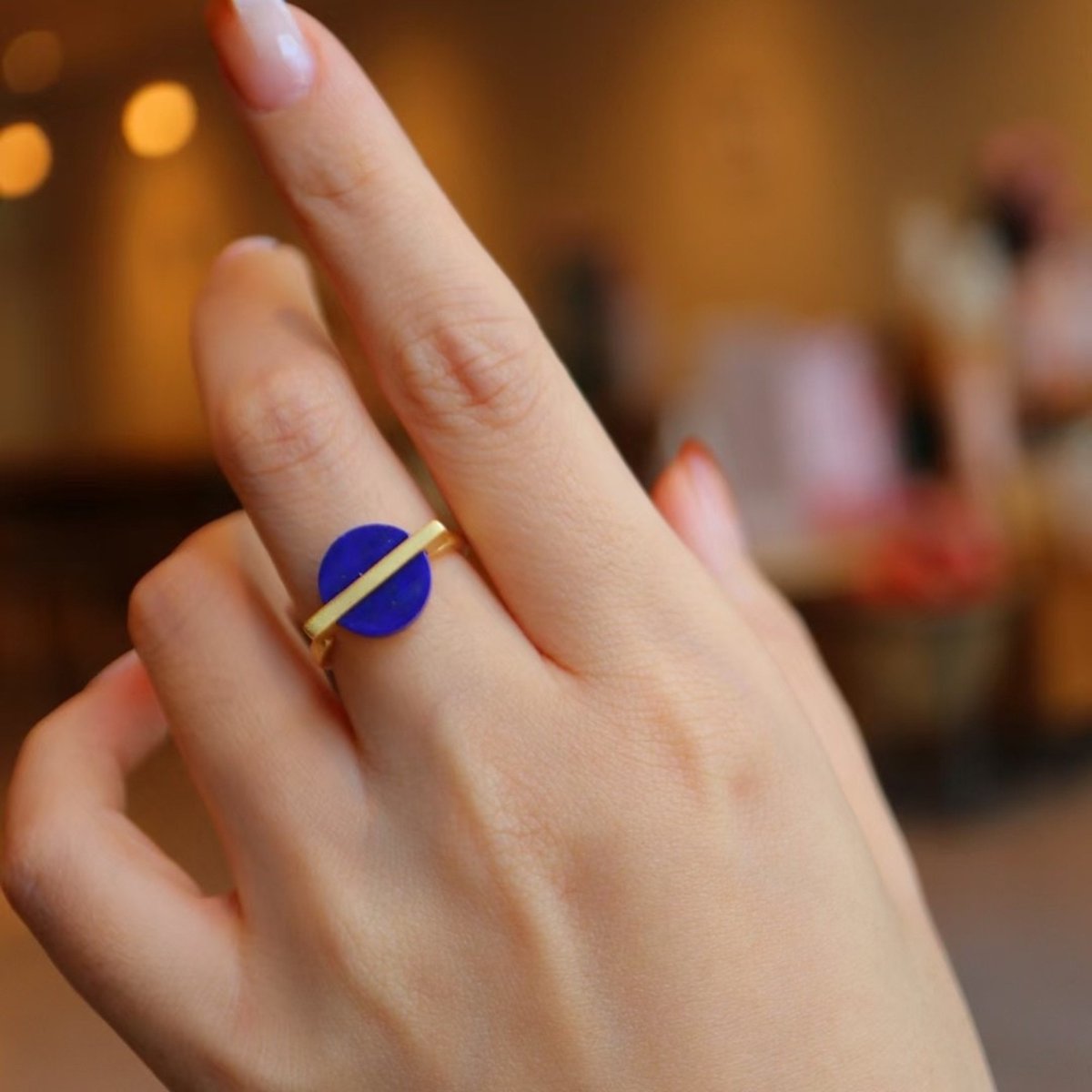 Goud vermeil minimalistische ronde edelsteen ring - verstelbaar - Lapis Lazuli