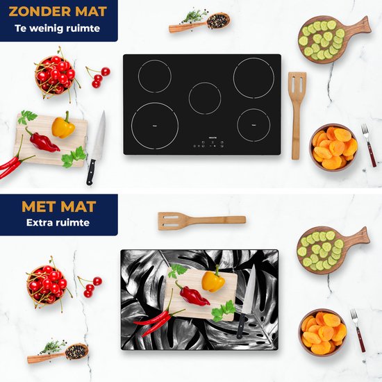 Chefcare Inductie Beschermer Gouden Bladeren - Zwart Wit - 80,2x52,2 cm - Afdekplaat Inductie - Kookplaat Beschermer - Inductie Mat