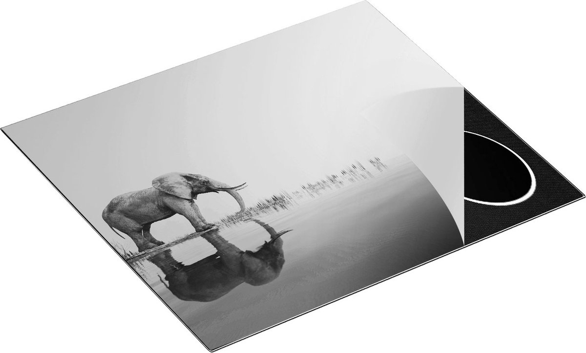 Chefcare Inductie Beschermer Olifant bij het Water - Zwart Wit - 60x50 cm - Afdekplaat Inductie - Kookplaat Beschermer - Inductie Mat