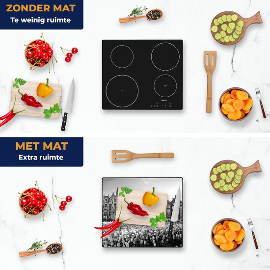 Chefcare Inductie Beschermer Amsterdamse Huisjes met Tulpen - Kleur - Zwart Wit - 57,6x51,6 cm - Afdekplaat Inductie - Kookplaat Beschermer - Inductie Mat