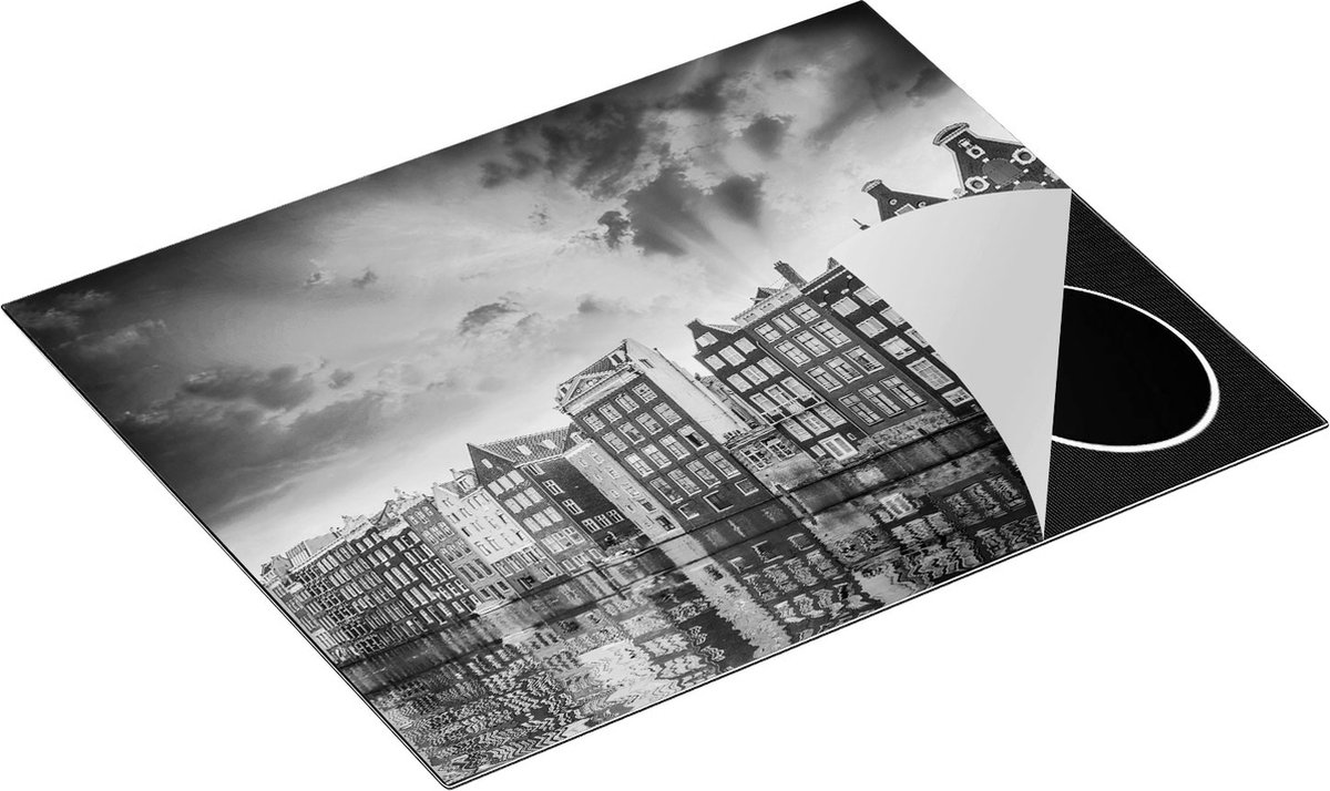 Chefcare Inductie Beschermer Amsterdamse Huisjes bij het Kanaal - Kleur - Zwart Wit - 65x52 cm - Afdekplaat Inductie - Kookplaat Beschermer - Inductie Mat
