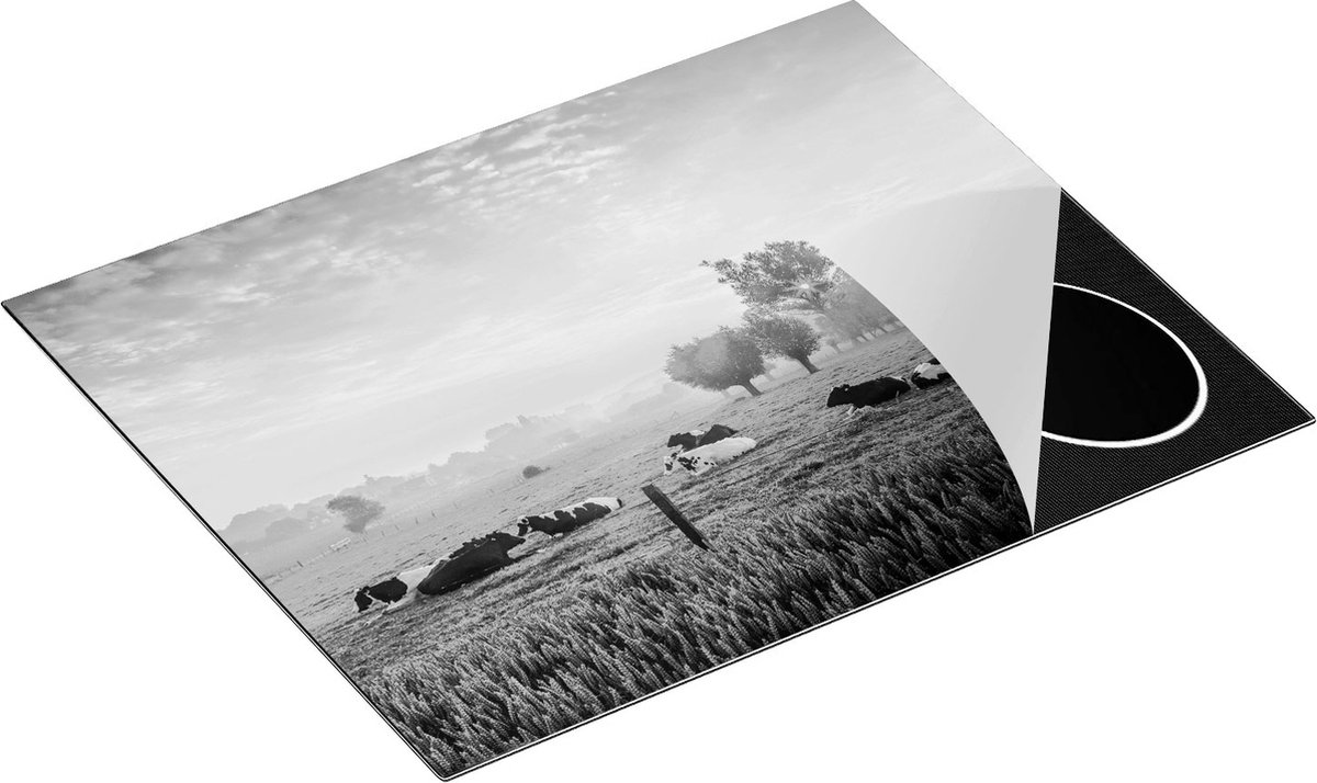 Chefcare Inductie Beschermer Koeien in de Wei tijdens Zonsopgang - Zwart Wit - 65x55 cm - Afdekplaat Inductie - Kookplaat Beschermer - Inductie Mat