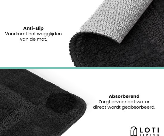 Loti Living Badmat Set Met Toiletmat Antislip – Douchemat – Badmat Badkamer – Vloermat – Badmat set wc mat – Badmat set antislip - Zwart - 50x80 cm + 50x40 cm
