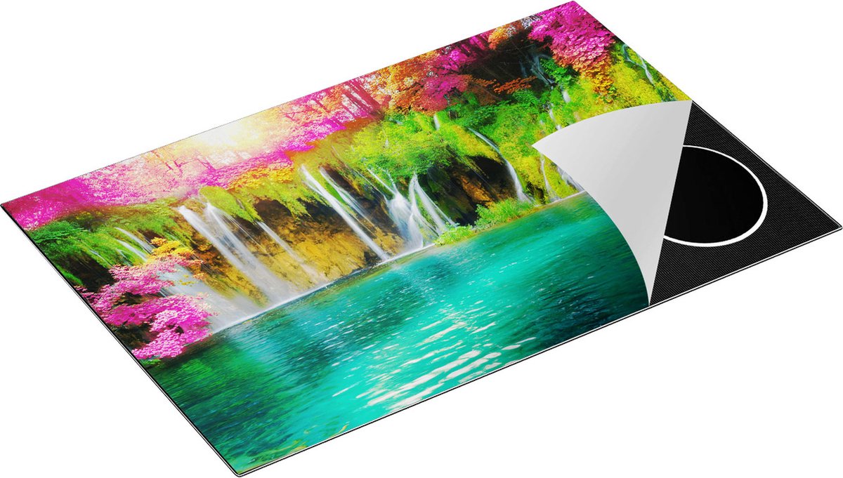 Chefcare Inductie Beschermer Waterval met Roze en Groene Bloemen - 83x51,5 cm - Afdekplaat Inductie - Kookplaat Beschermer - Inductie Mat