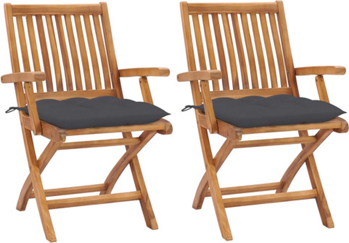 vidaXL - Tuinstoelen - 2 - st - met - antracietkleurige - kussens - massief - teakhout