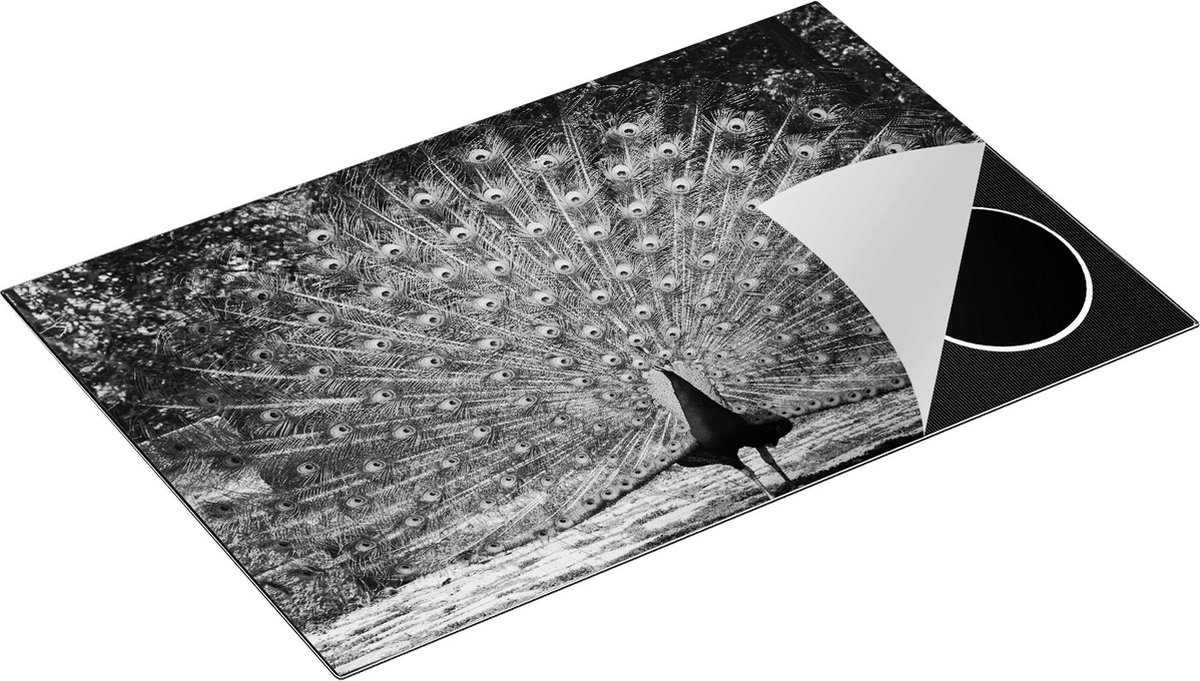 Chefcare Inductie Beschermer Pauw met Grote Kleurrijke Veren - Zwart Wit - 83x51,5 cm - Afdekplaat Inductie - Kookplaat Beschermer - Inductie Mat