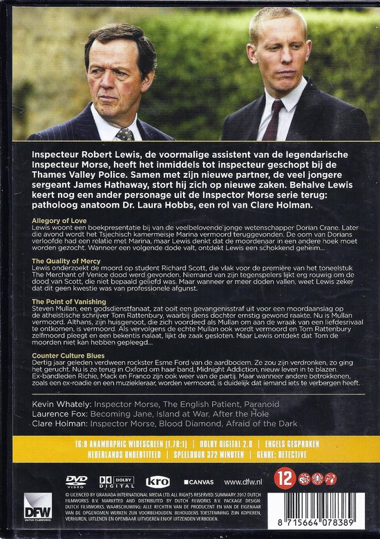 Achterkant dvd hoes. Twee mannen, tekst over de serie 'Lewis'.