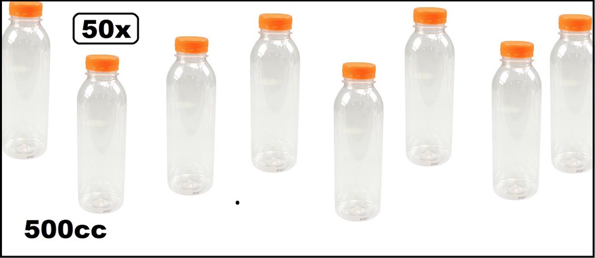 50x Flesje helder 500cc met oranje dop - drink fles vruchten sap limonade drank