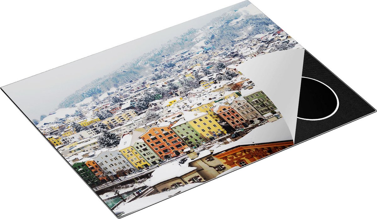 Chefcare Inductie Beschermer Gekleurde Huisjes met Sneeuw in Oostenrijk - 70x55 cm - Afdekplaat Inductie - Kookplaat Beschermer - Inductie Mat