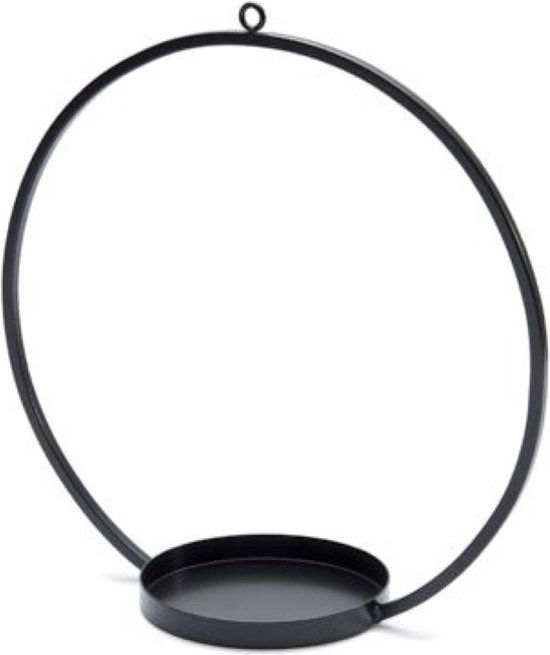 Oneiro’s Luxe kandelaar Metal ring hanging - ⌀ 30cm Zwart + tray- kaarsenhouder - waxinelichthouder - decoratie – woonaccessoires – wonen -decoratie – kaarsen – metaal - hout