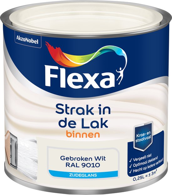 Flexa Strak in de Lak - Watergedragen - Zijdeglans - gebroken wit RAL 9010  - 250 ml | bol.com