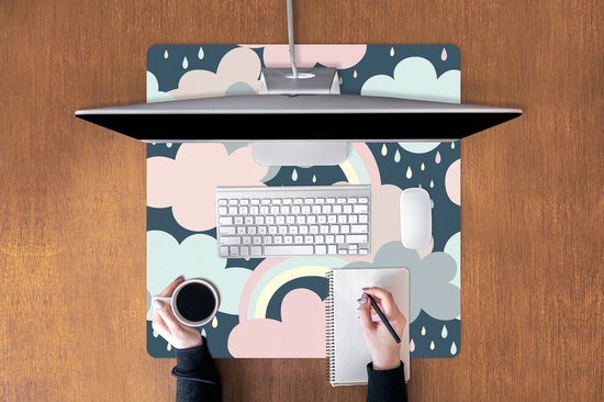 Muismat XXL 80x80 cm - Bureau onderlegger - Bureau mat Regenboog - Wolk - Regen - Kinderen - Patronen - Bureaumat - Gaming mousepad xl - Bureaulegger groot - Computer deskmat