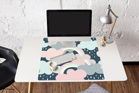Muismat XXL 80x80 cm - Bureau onderlegger - Bureau mat Regenboog - Wolk - Regen - Kinderen - Patronen - Bureaumat - Gaming mousepad xl - Bureaulegger groot - Computer deskmat