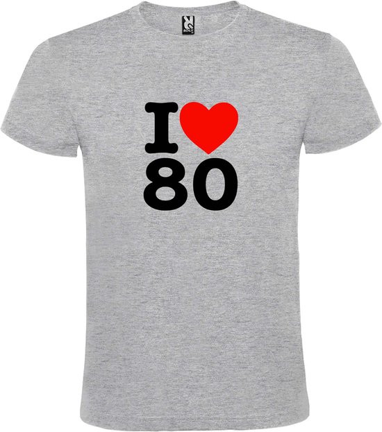 Grijs  T shirt met  I love (hartje) the 80's (eighties)  print Zwart en Rood size S