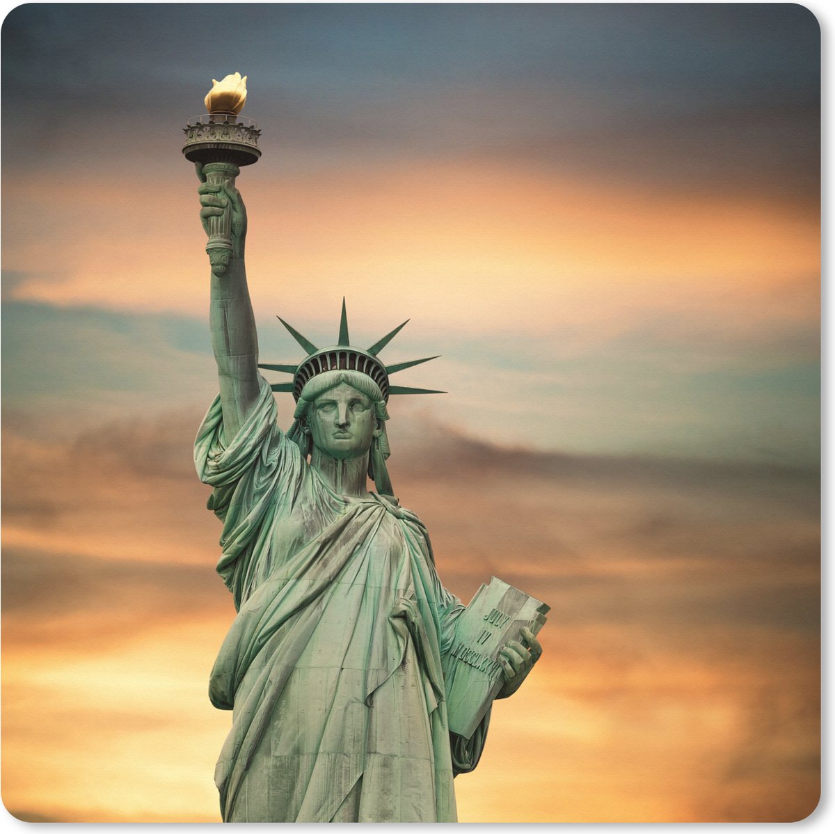 Muismat XXL 80x80 cm - Bureau onderlegger - Bureau mat New York - Vrijheidsbeeld - Zonsondergang - Bureaumat - Gaming mousepad xl - Bureaulegger groot - Computer deskmat