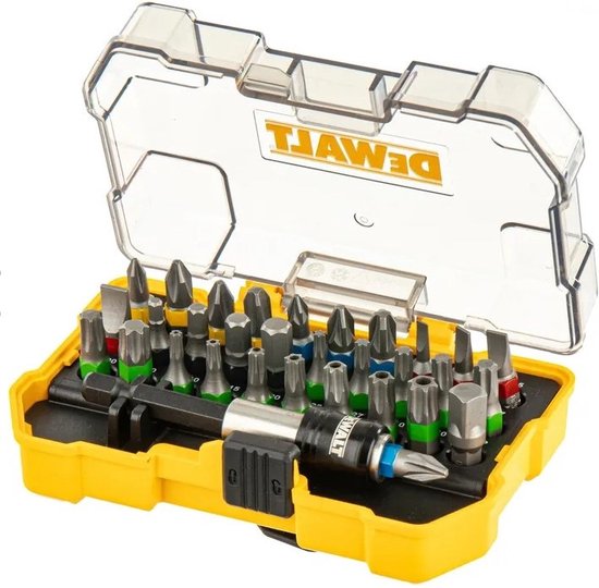 Gele DeWalt bitset in open, doorzichtige kunststof cassette. De set bevat diverse schroefbits en een bithouder.