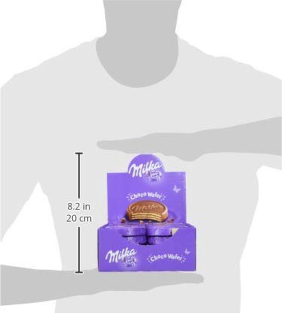 Doosje Milka Choco Wafers, 20 cm hoog, met pakken wafels.