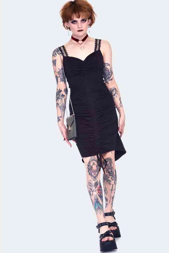 Jawbreaker - Long at back Rouched with Lace High low jurk - M - Zwart