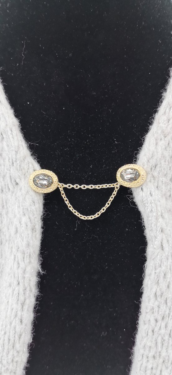 Vestsluiting - clip met dubbel ketting - ovaal kristal - voor - vest - sjaal - omslagdoek in kleur - goud.