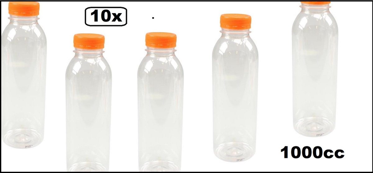 10x Flesje helder 1000cc met oranje dop - drink fles vruchten sap limonade drank