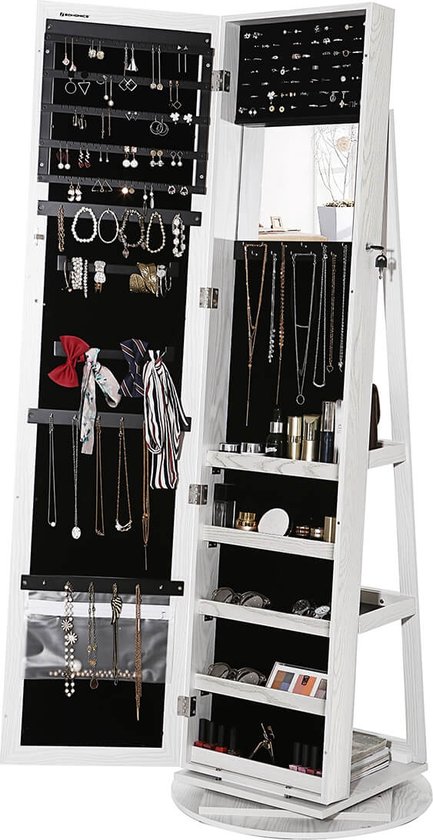 Armoire à bijoux - Armoire à miroir - Armoire à bijoux avec miroir - Armoire à bijoux - Rotative à 360° - 54 x 161 x 54 cm - Wit