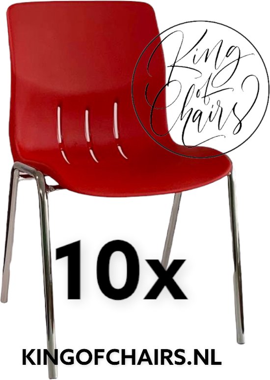 King of Chairs -set van 10- model KoC Denver rood met verchroomd onderstel. Kantinestoel stapelstoel kuipstoel vergaderstoel tuinstoel kantine stoel stapel stoel Jolanda kantinestoelen stapelstoelen kuipstoelen stapelbare Napels eetkamerstoel