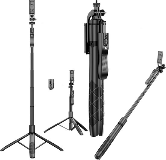 LEVANTU@ Telefoon Statief - Tripod Smartphone - Selfiestick - Telefoonhouder Standaard - Camera Statief - Incl. Bluetooth Afstandsbediening - Statief Telefoon 155 cm - Zwart